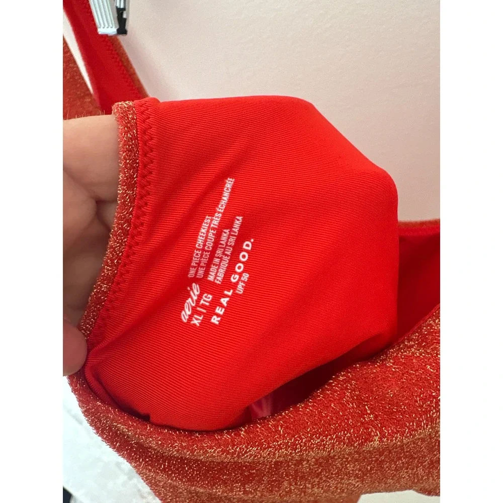 Aerie‎ Real Good Red Gold Shimmer One Piece Cheekiest Swimsuit XL Square Neck